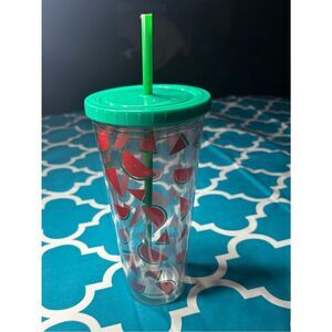 New Clear Watermelon Print Tumbler with Green Lid & Straw 24 oz